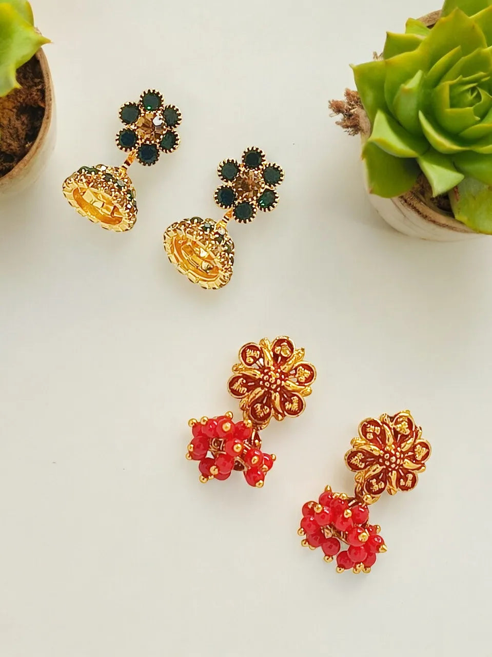 Set Of 2 Gold Silver Plated Zirconia Jhumka Earrings For Women and Girls