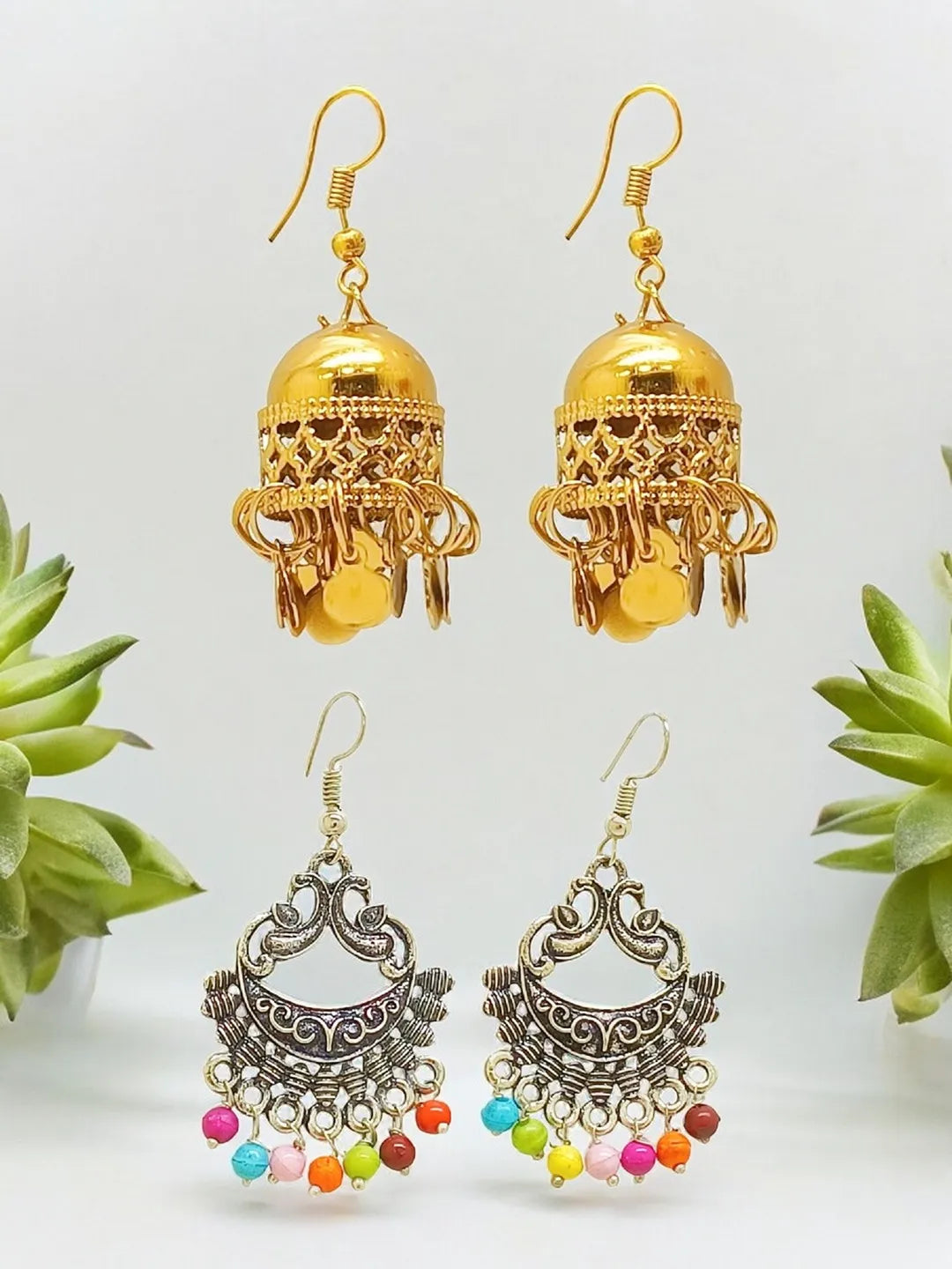 Silver Oxidised Multi Pearl  and Gold Jhumki Earrings