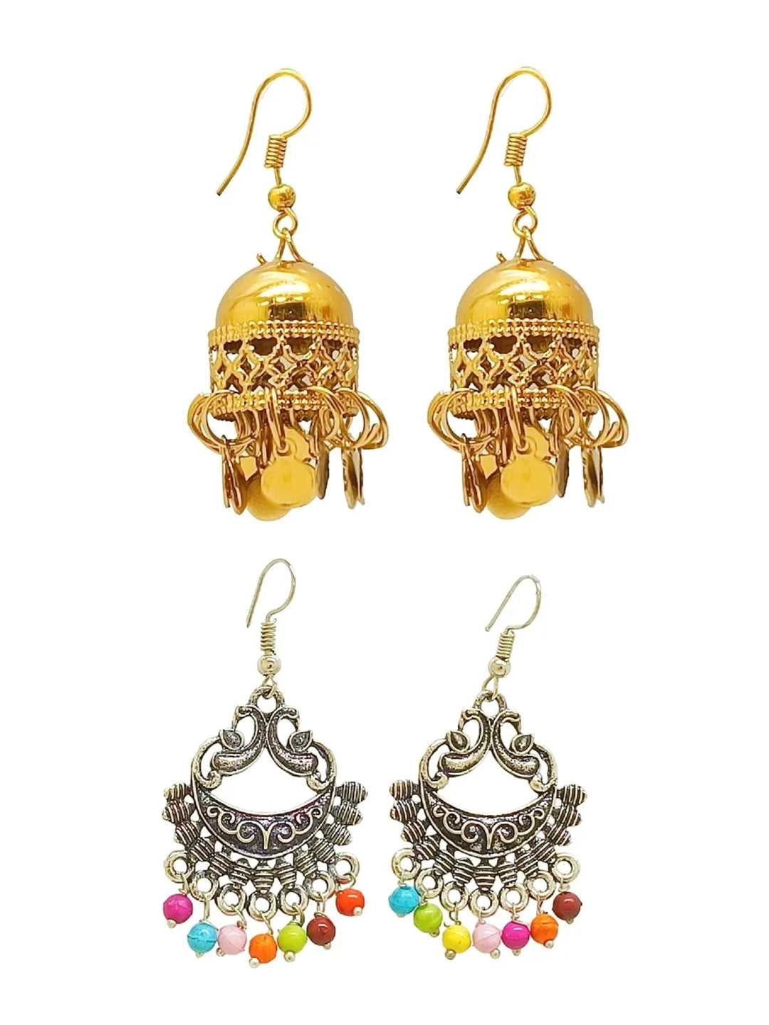 Silver Oxidised Multi Pearl  and Gold Jhumki Earrings