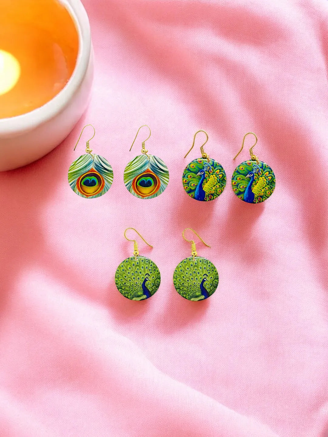 Set Of 3 Circular Peacock Design Drop Earrings