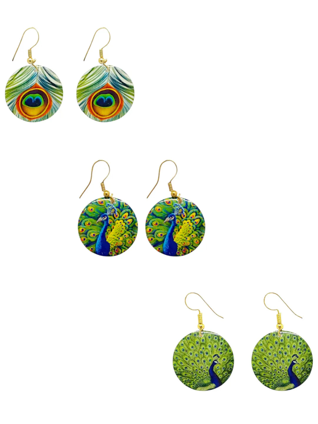 Set Of 3 Circular Peacock Design Drop Earrings