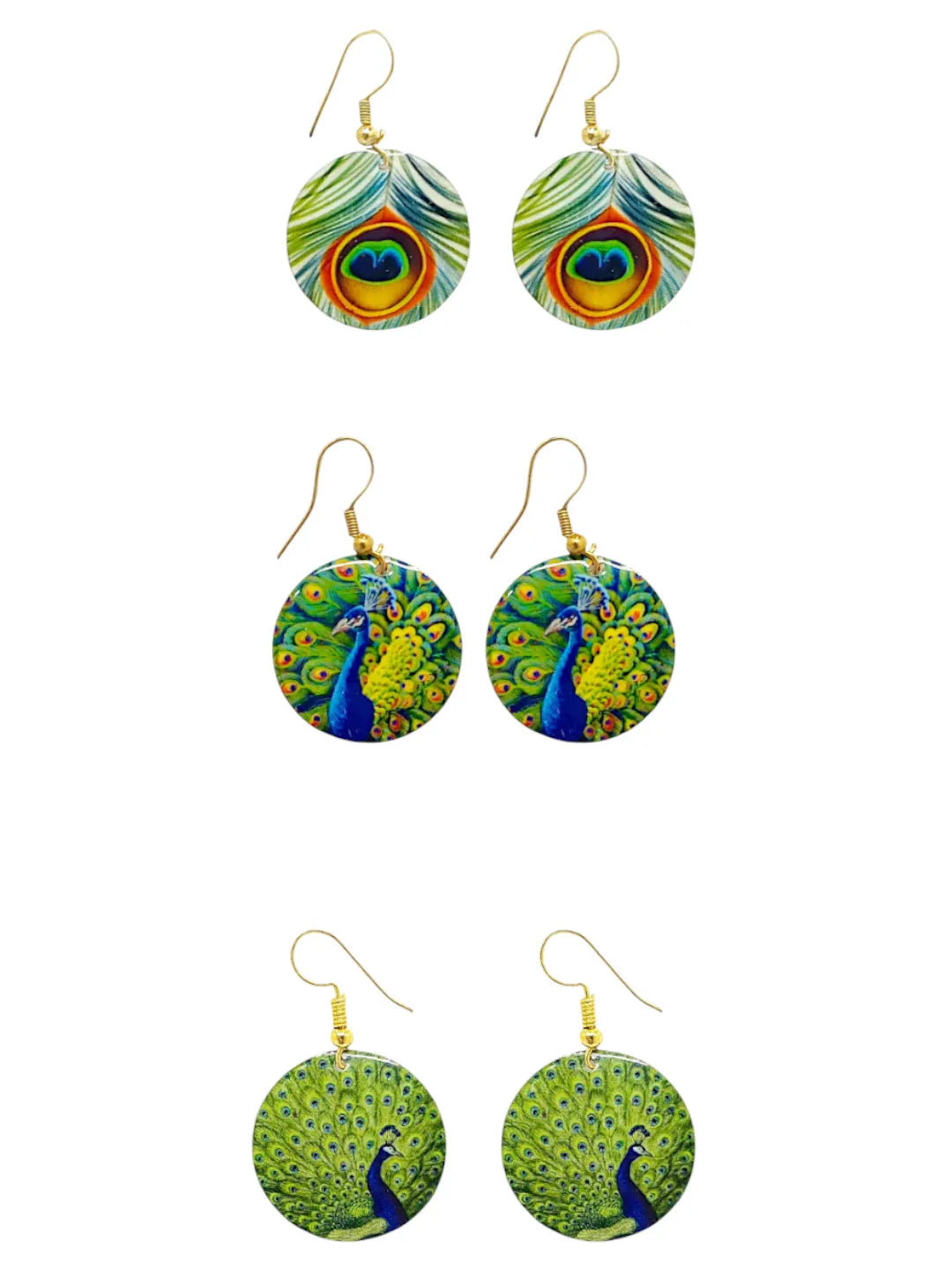 Set Of 3 Circular Peacock Design Drop Earrings