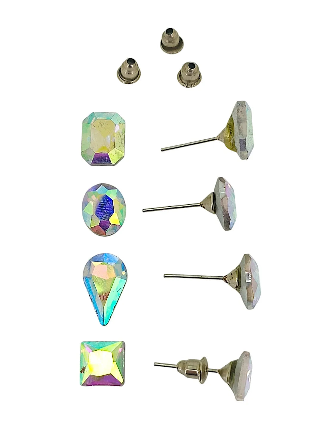 Set Of 4 Silver Plated Geometric shape Stone Studded Stud Earrings