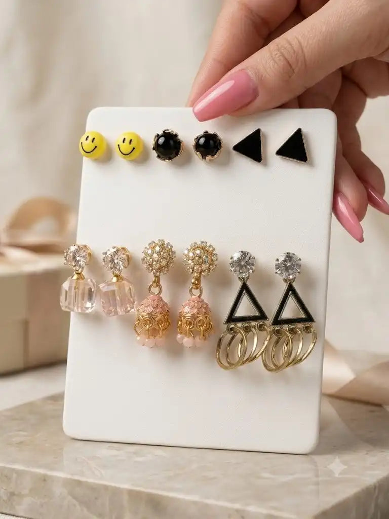 Set of 6 Versatile Gold-Tone Contemporary Stud & Drop Earrings Assortment