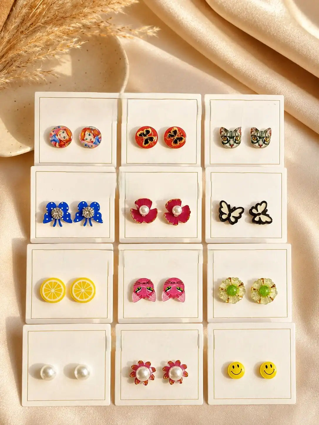 Set of 12 Multidesign Fancy Combo Stud Earrings