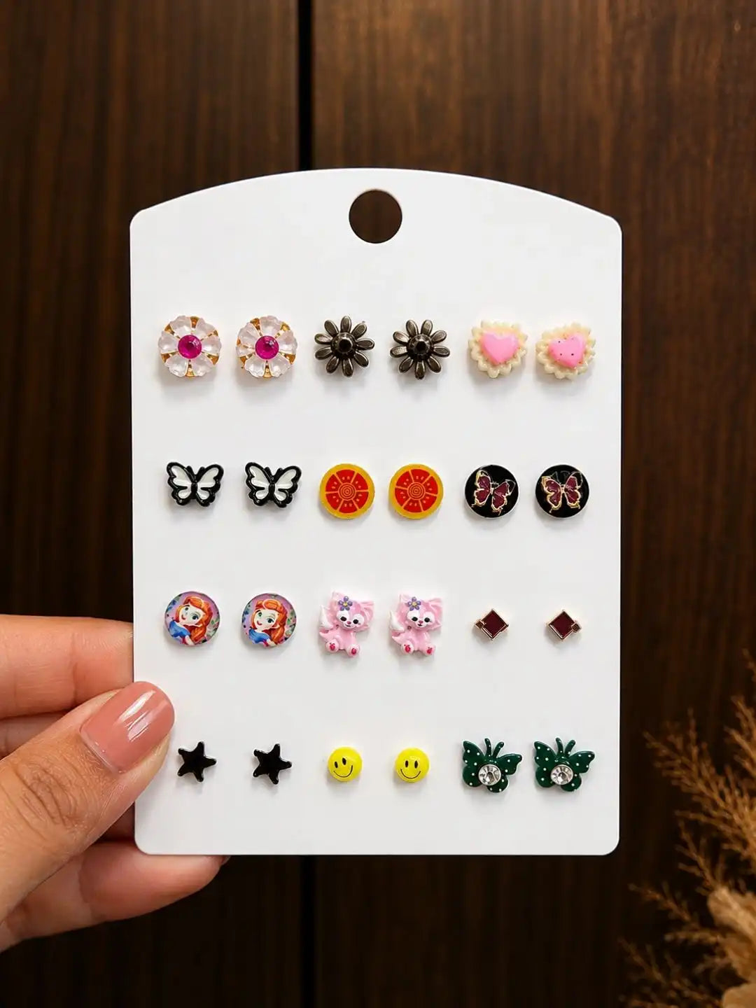 Set of 12 Multicolor Floral, Butterfly, Heart, Star & Cartoon Design Combo Earrings