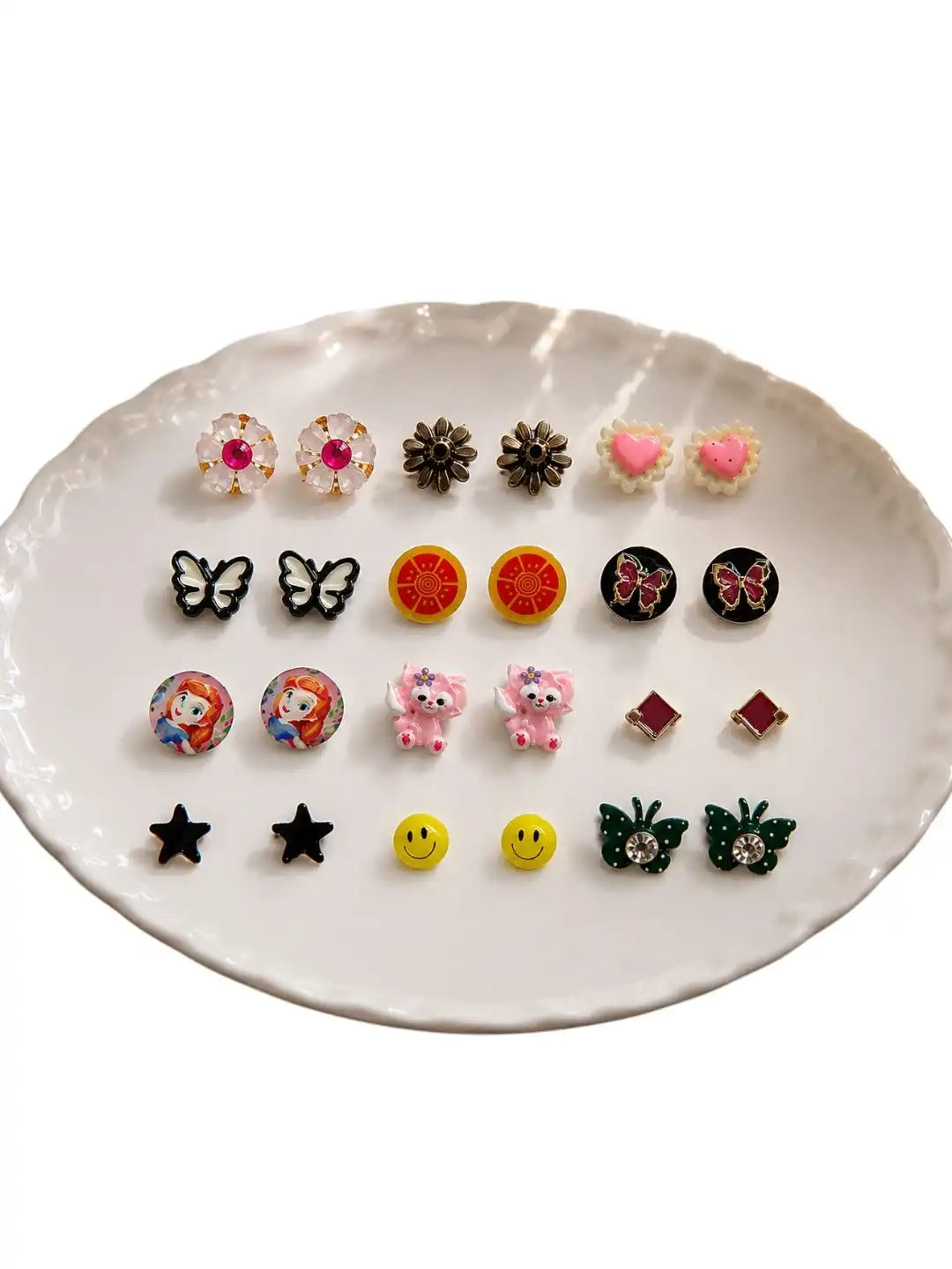 Set of 12 Multicolor Floral, Butterfly, Heart, Star & Cartoon Design Combo Earrings