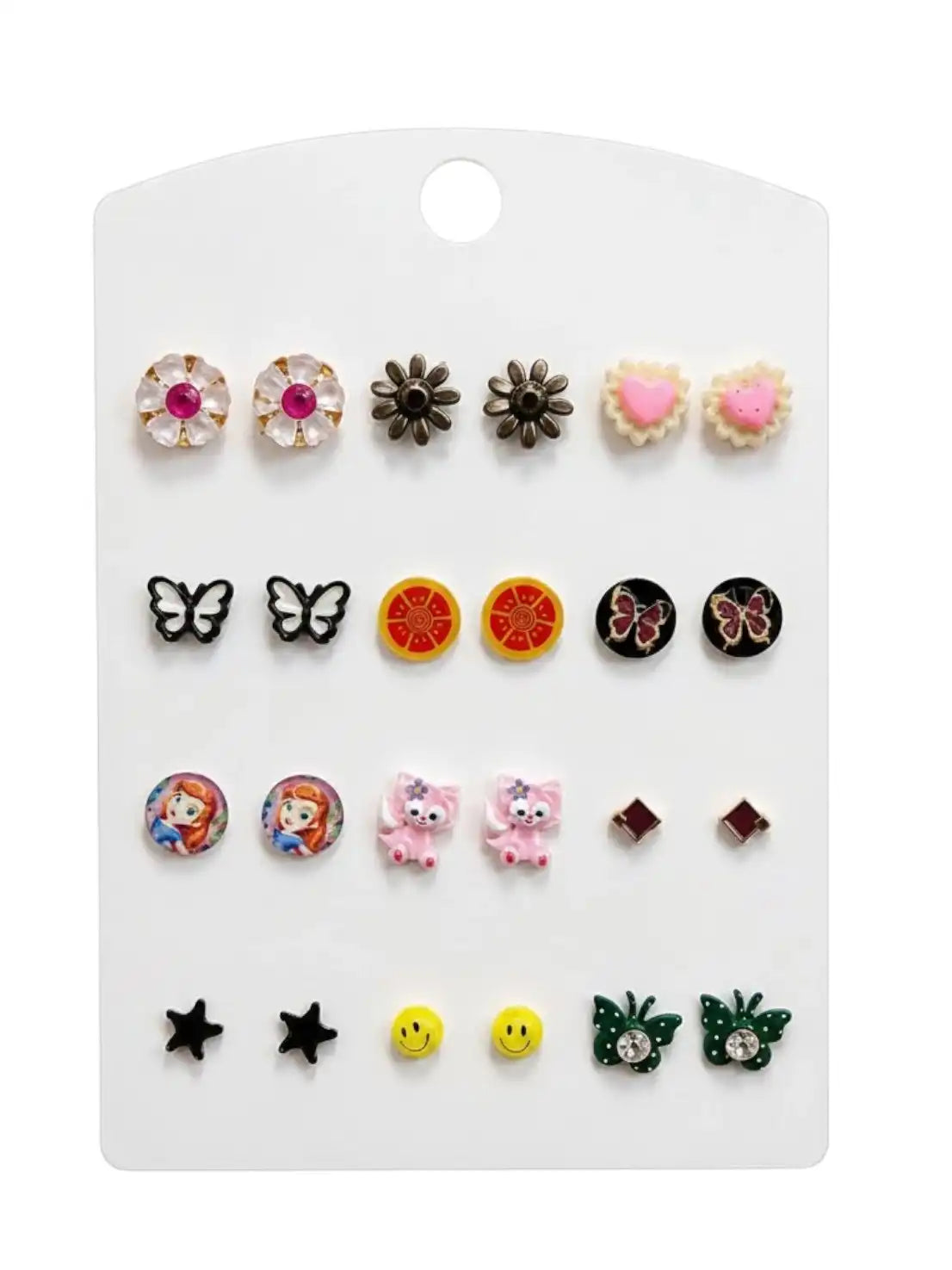 Set of 12 Multicolor Floral, Butterfly, Heart, Star & Cartoon Design Combo Earrings