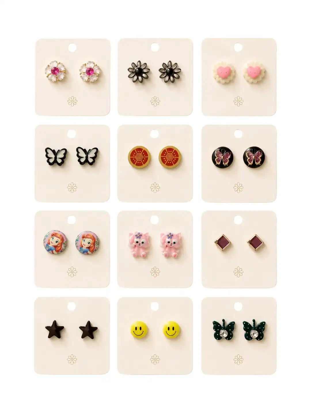 Set of 12 Multicolor Floral, Butterfly, Heart, Star & Cartoon Design Combo Earrings