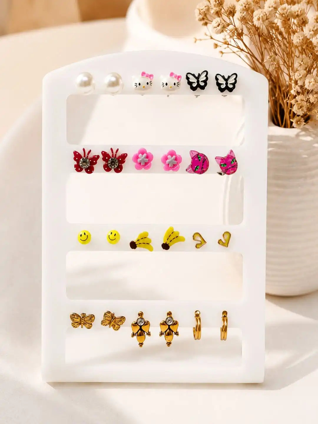 Set of 12 Butterfly, Floral, Heart, Smiley & Cartoon Design Combo Earrings