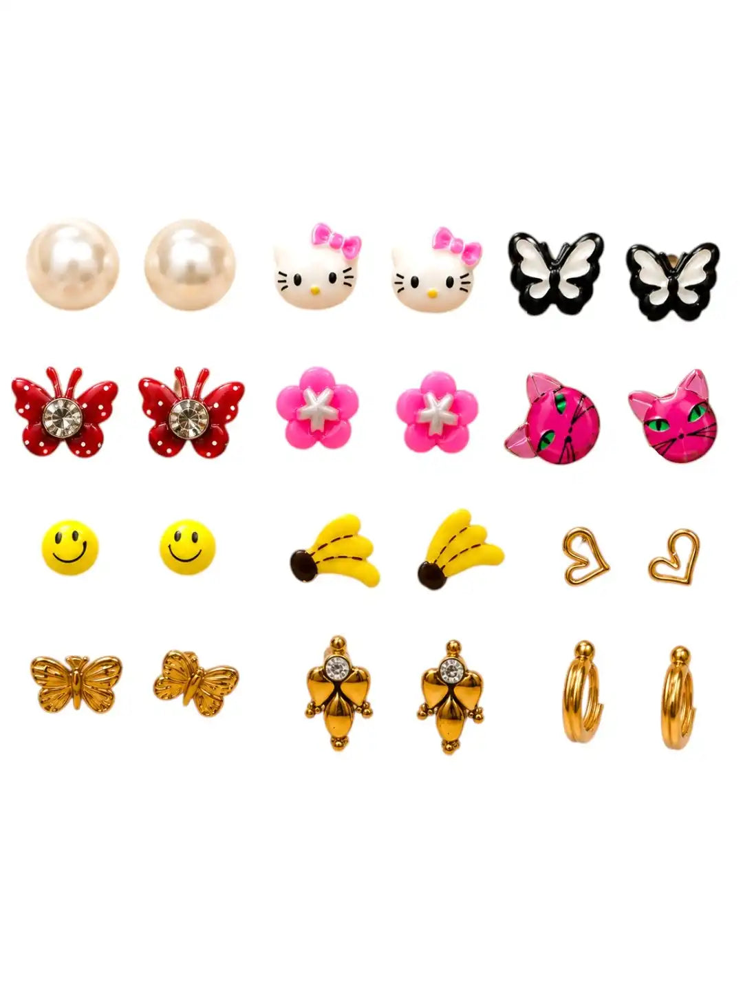 Set of 12 Butterfly, Floral, Heart, Smiley & Cartoon Design Combo Earrings