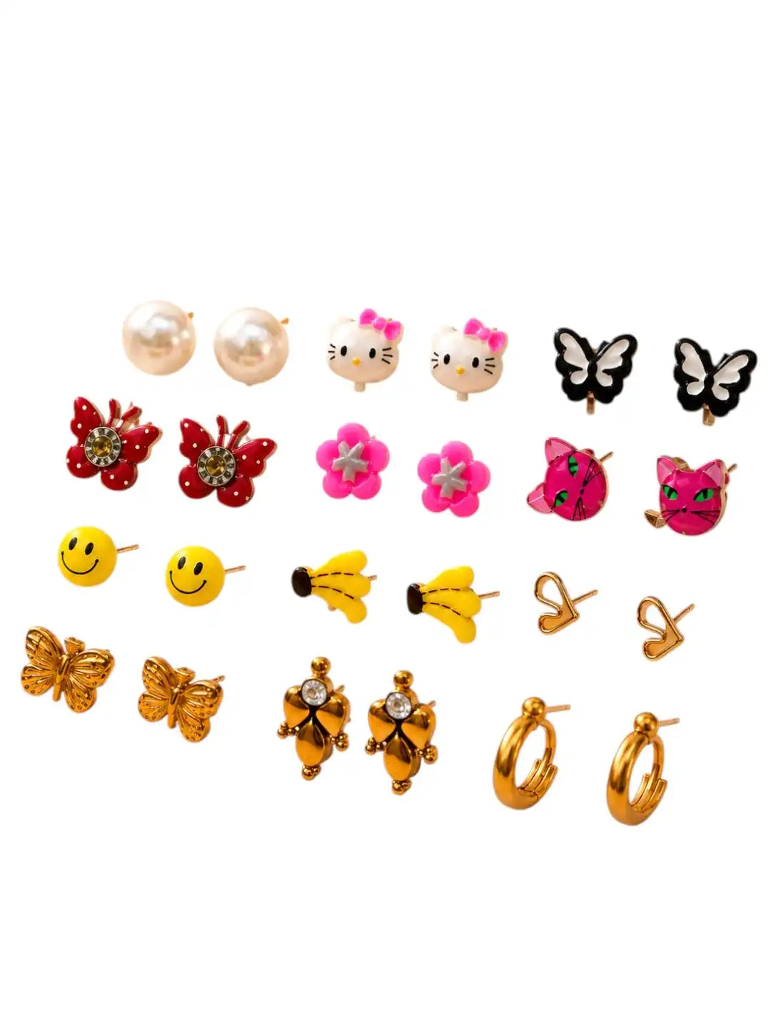 Set of 12 Butterfly, Floral, Heart, Smiley & Cartoon Design Combo Earrings