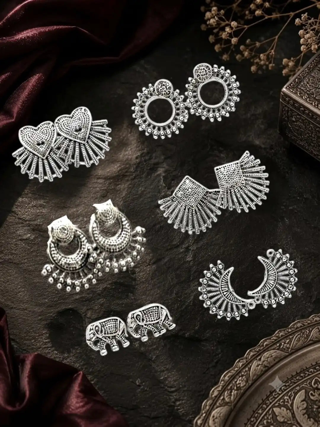 Set of 6 Oxidised Silver Stud Combo Earrings