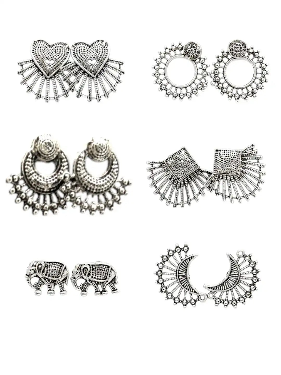 Set of 6 Oxidised Silver Stud Combo Earrings