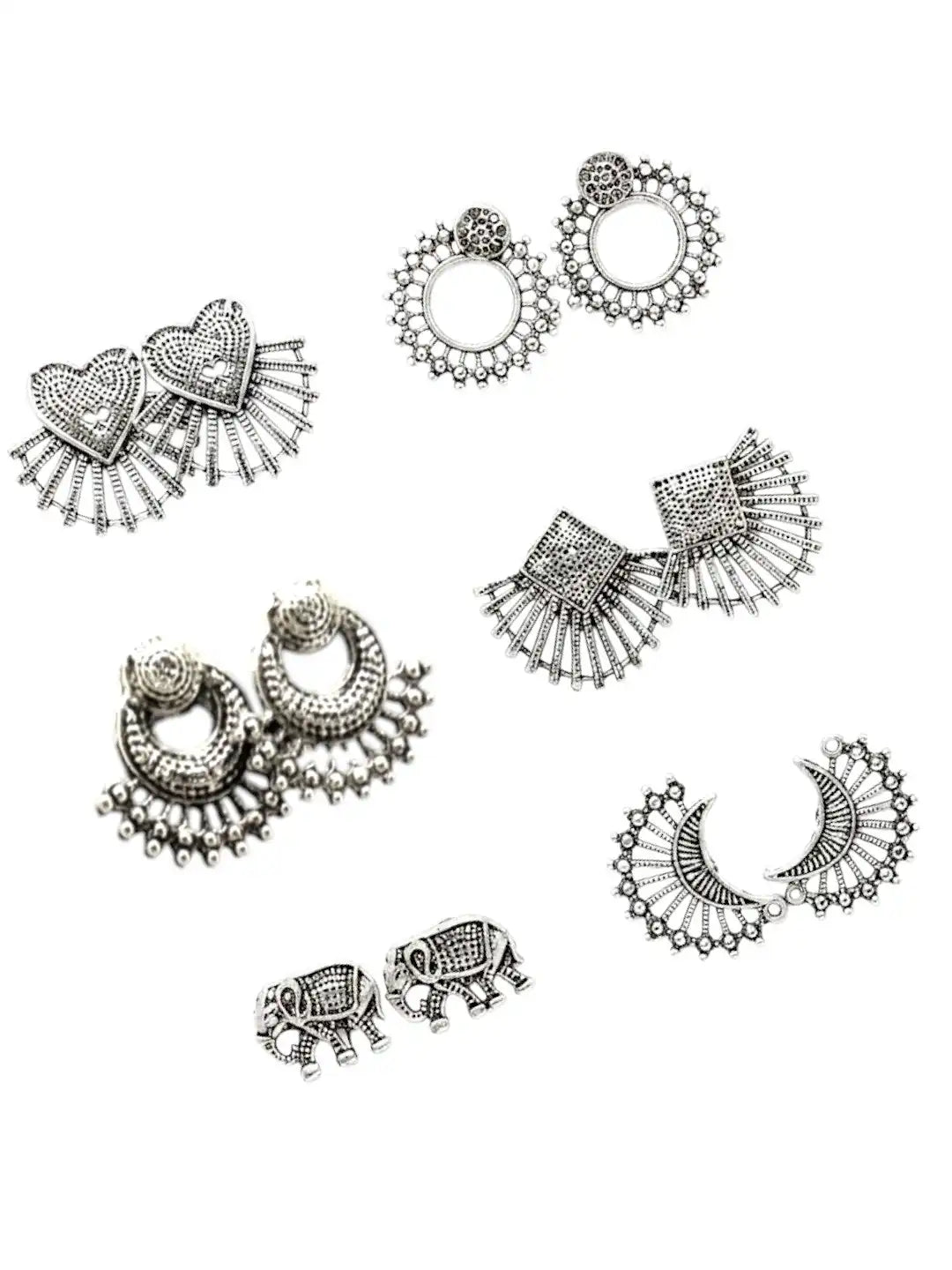 Set of 6 Oxidised Silver Stud Combo Earrings