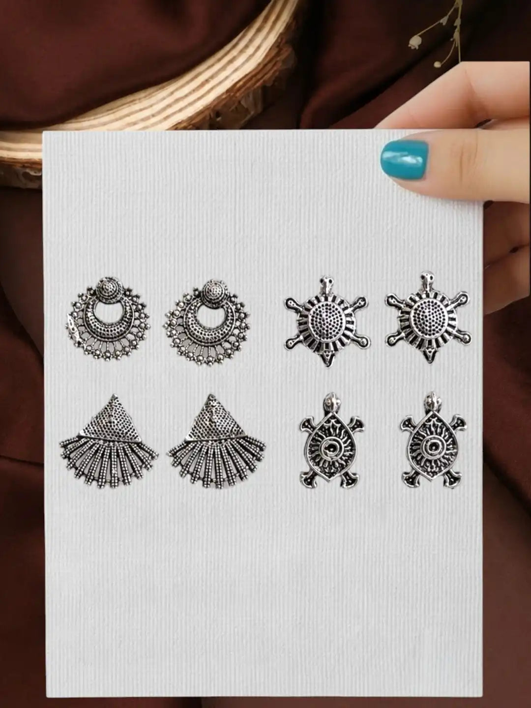 Set of 4 Oxidised Silver Stud Combo Earrings