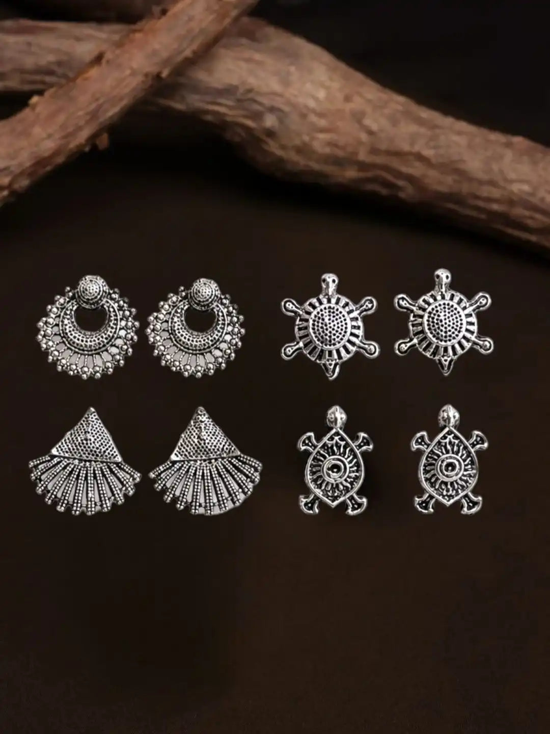 Set of 4 Oxidised Silver Stud Combo Earrings