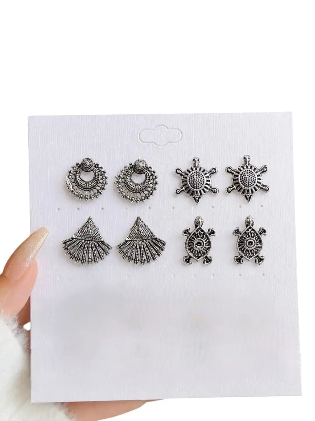 Set of 4 Oxidised Silver Stud Combo Earrings
