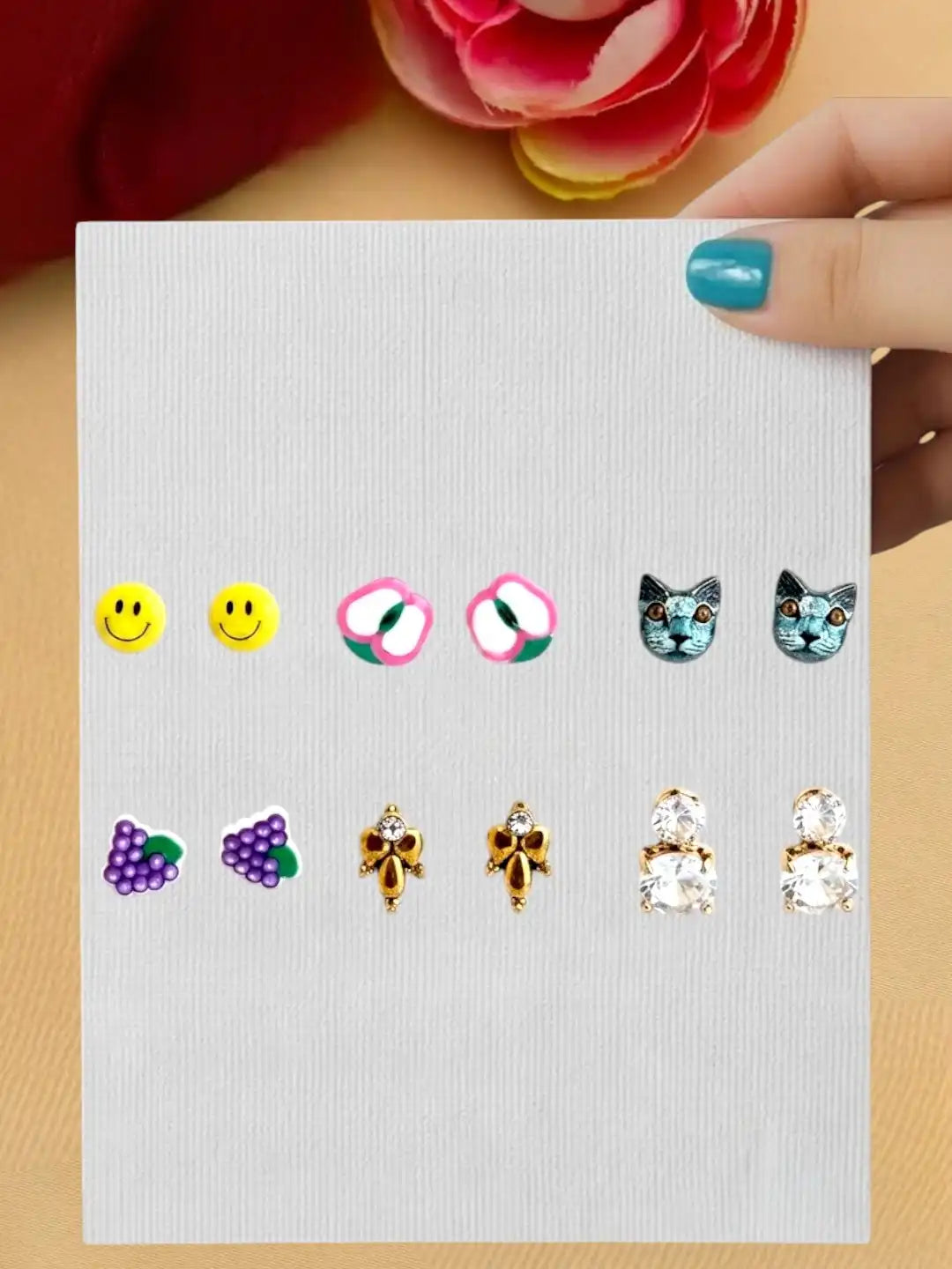 Set of 6 Trendy Stud Multi Color Combo Earrings
