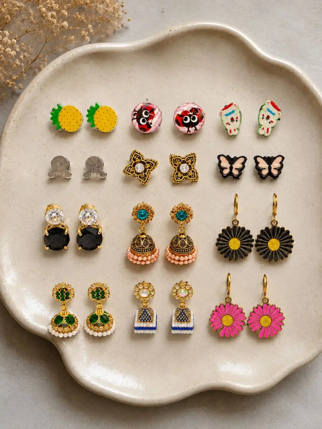 Set Of 12 Multicolor Floral Designs Combo Earrings For Women