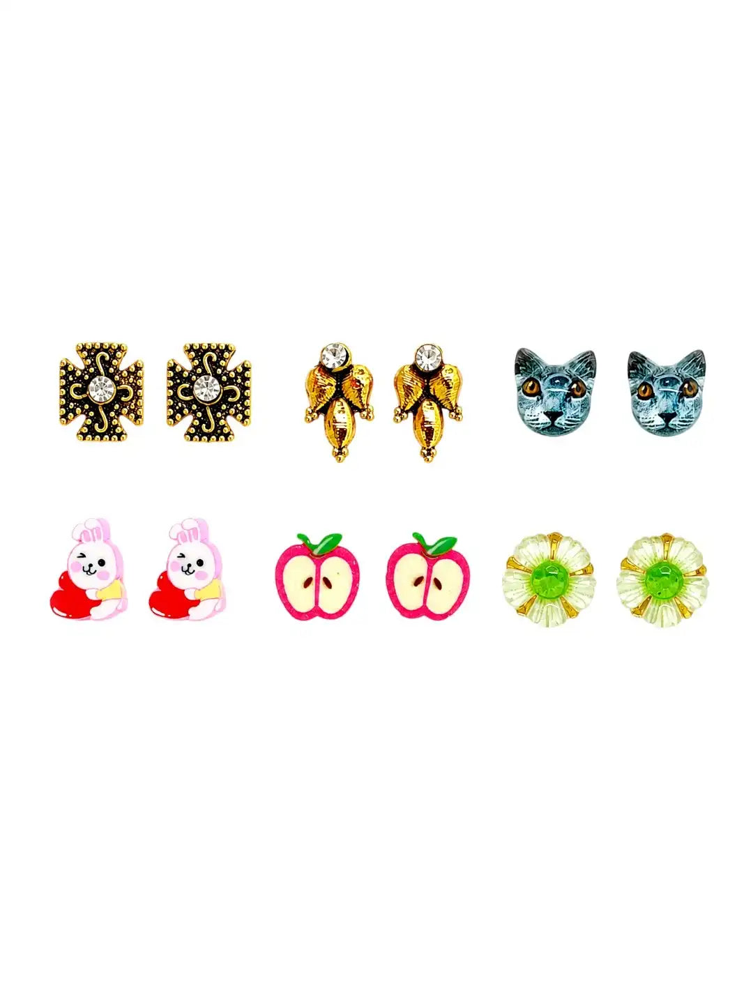 Set of 6 Pairs Designer Stud Earrings For Women and Girls