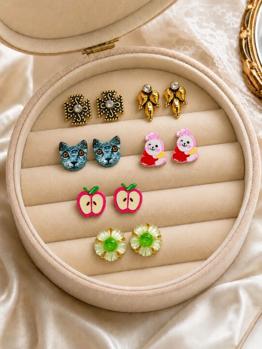 Set of 6 Pairs Designer Stud Earrings For Women and Girls