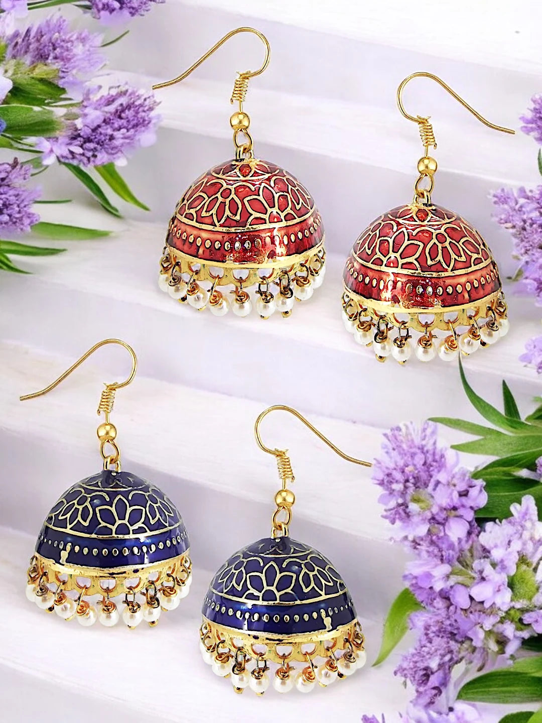 Meenakari Jhumkas with Pearls