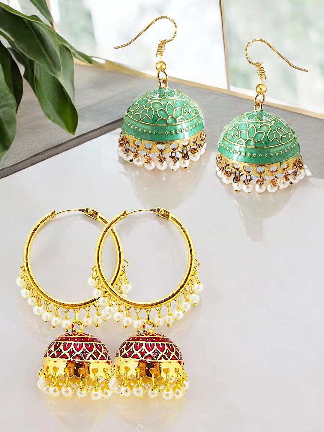 Meenakari Jhumkas with Pearls
