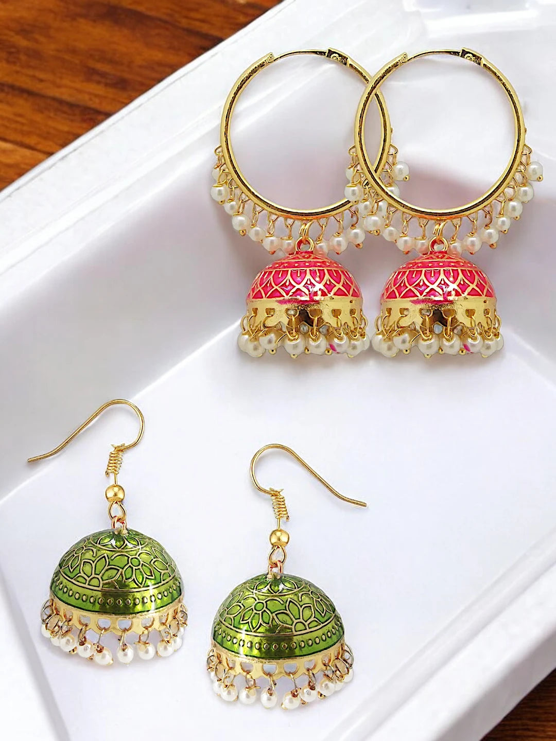 Meenakari Jhumkas with Pearls