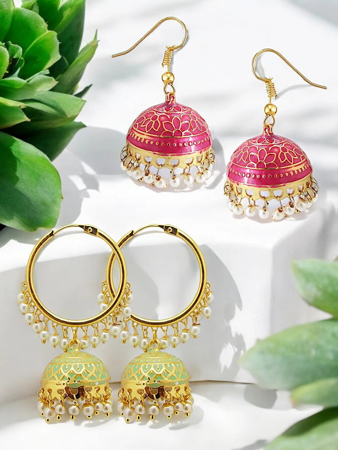 Meenakari Jhumkas with Pearls