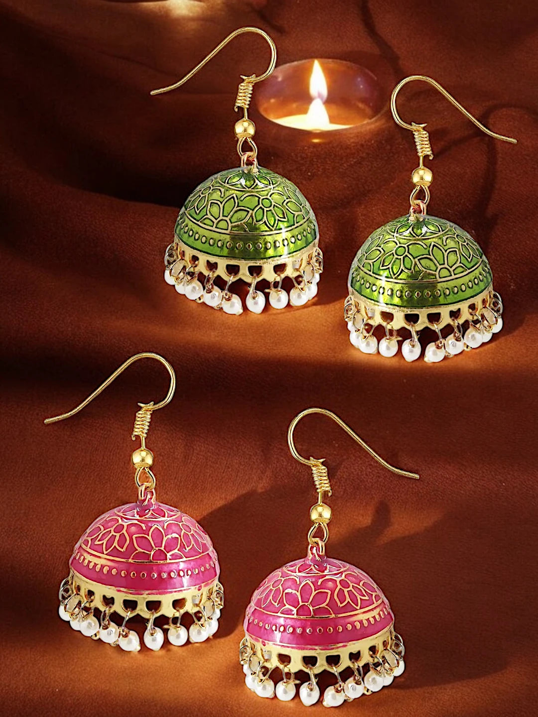Pink & Green Jhumka Earrings