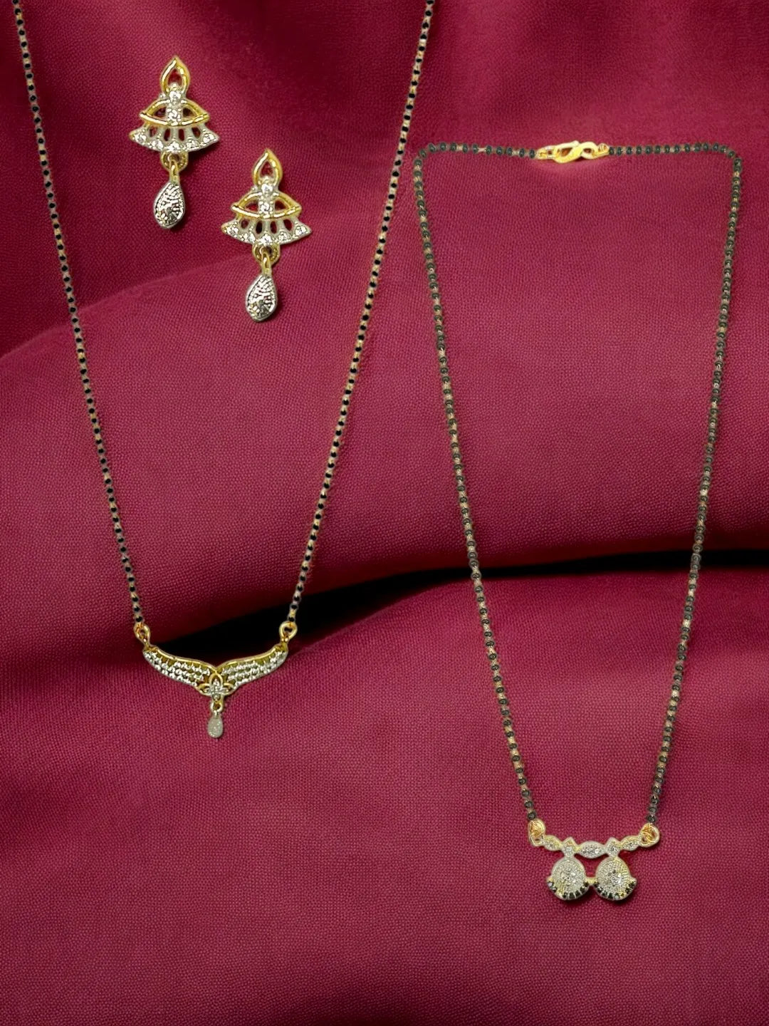 Set Of 2 Gold-Plated Artificial Stone Studded Mangalsutra