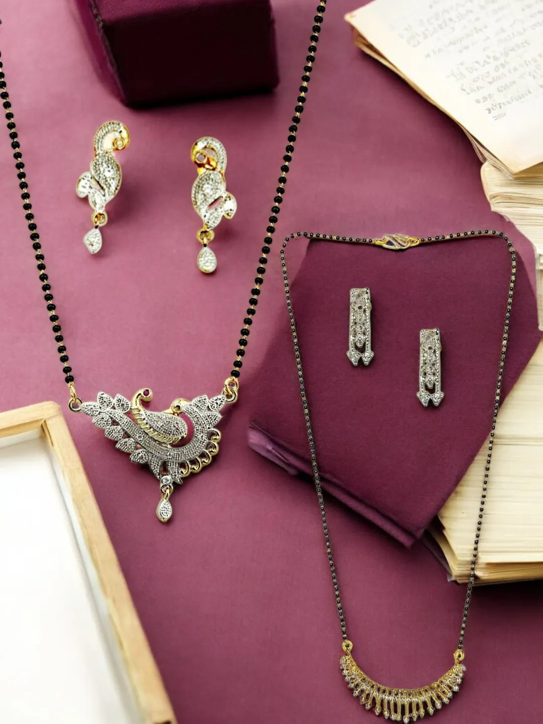 Set Of 2 Gold-Plated AD Studded Peacock Style Mangalsutra