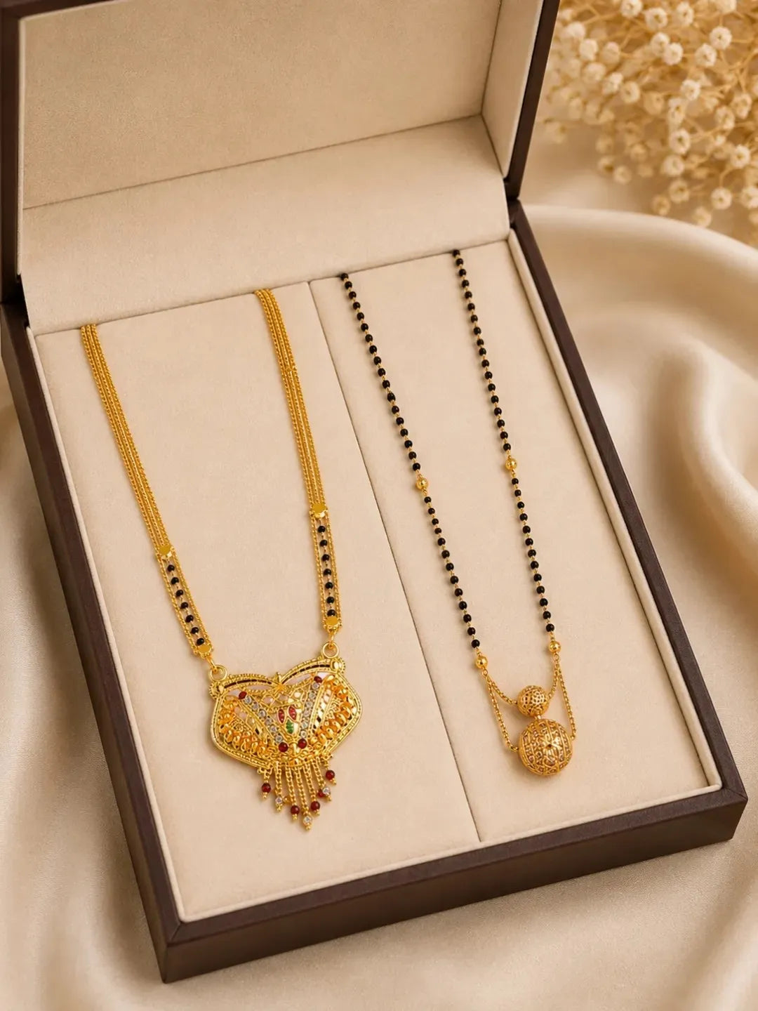 Set Of 2 Gold Plated Traditional Mangalsutra With Black Beads