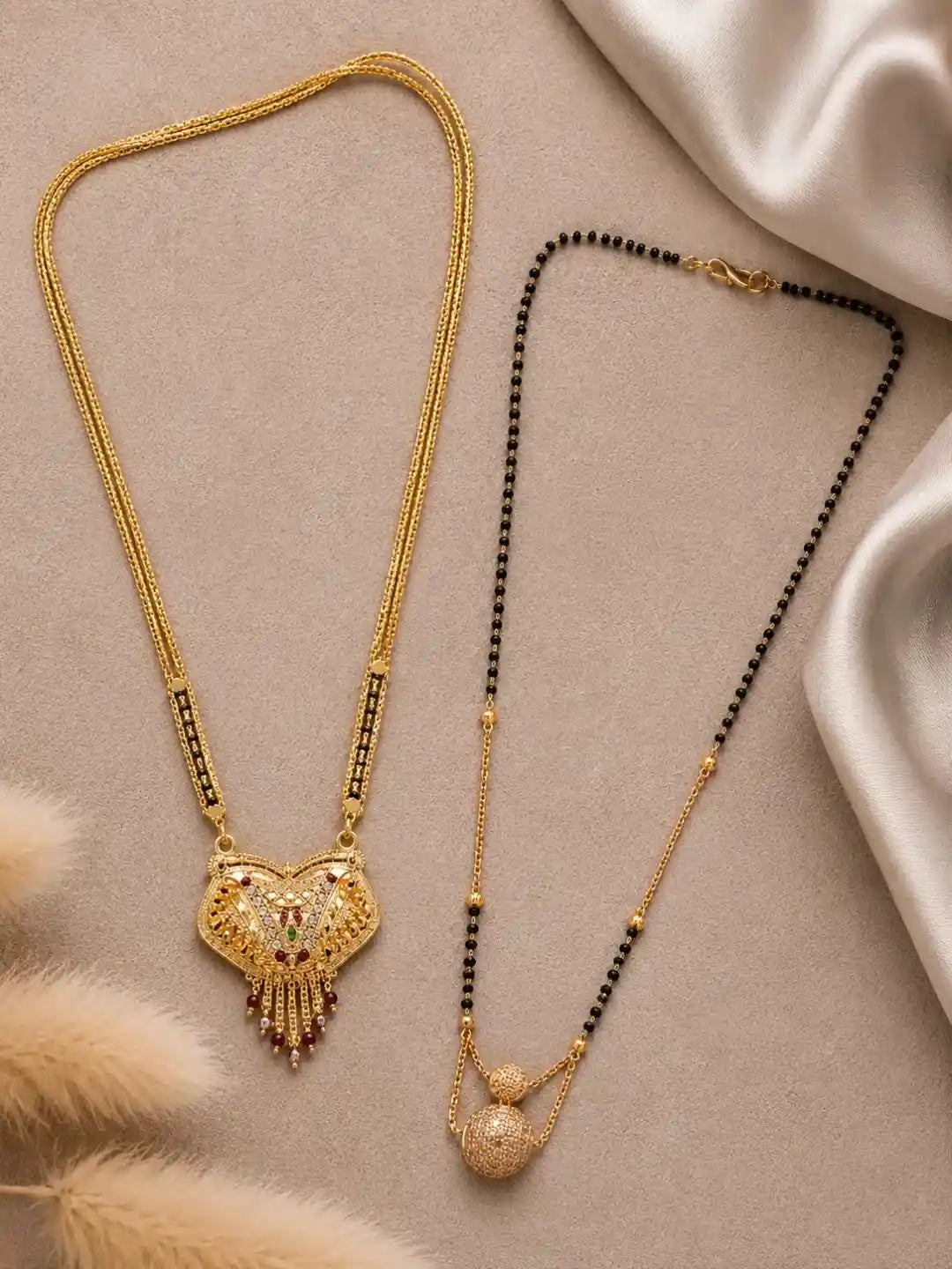 Set Of 2 Gold Plated Traditional Mangalsutra With Black Beads