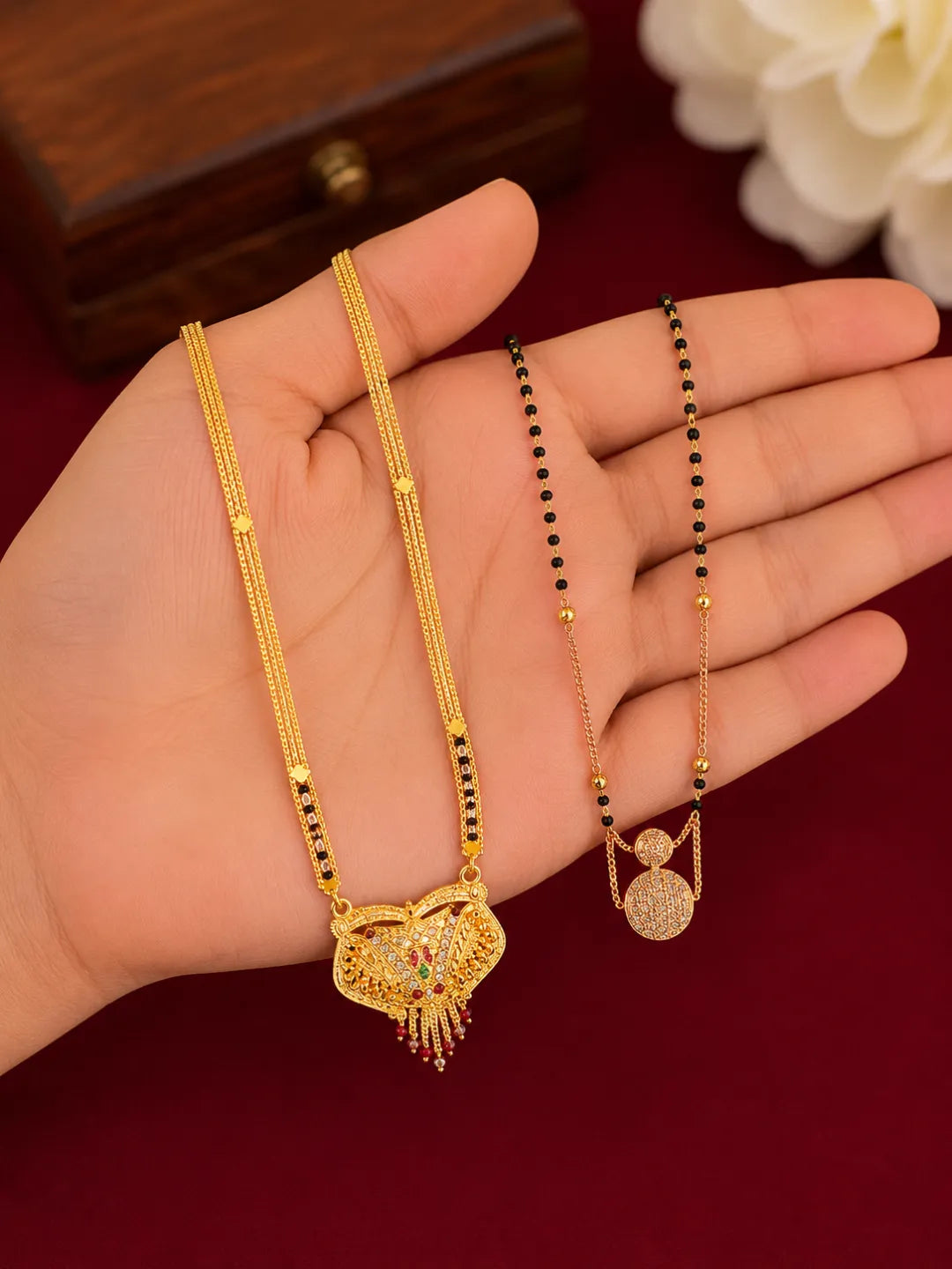 Set Of 2 Gold Plated Traditional Mangalsutra With Black Beads