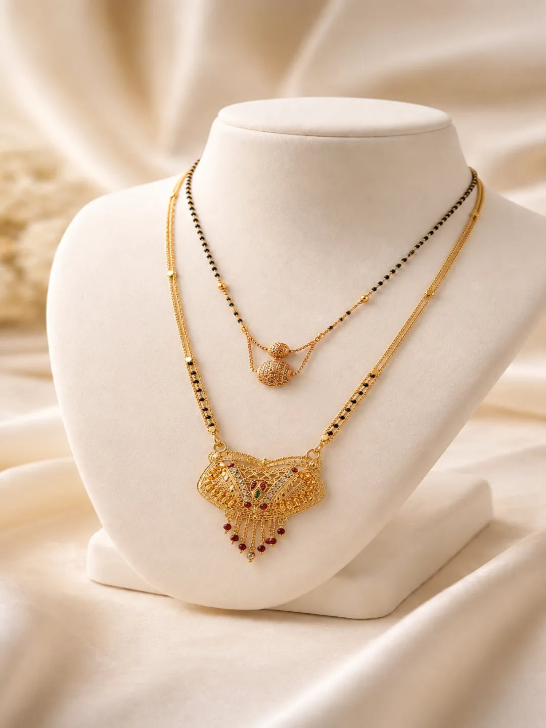 Set Of 2 Gold Plated Traditional Mangalsutra With Black Beads