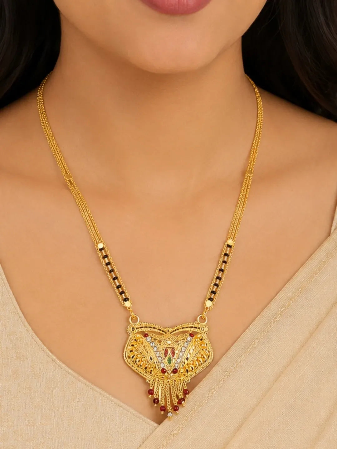 Set Of 2 Gold Plated Traditional Mangalsutra With Black Beads