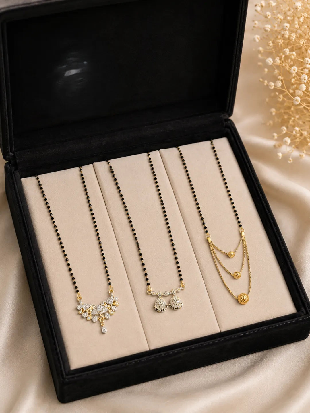Set Of 3 Black Beaded Chain Mangalsutra For Women