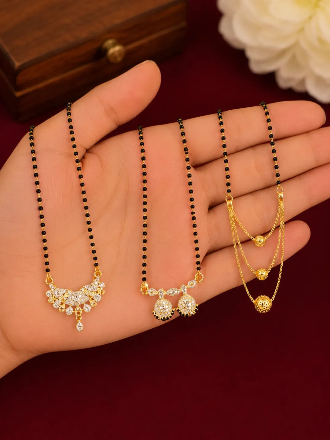 Set Of 3 Black Beaded Chain Mangalsutra For Women
