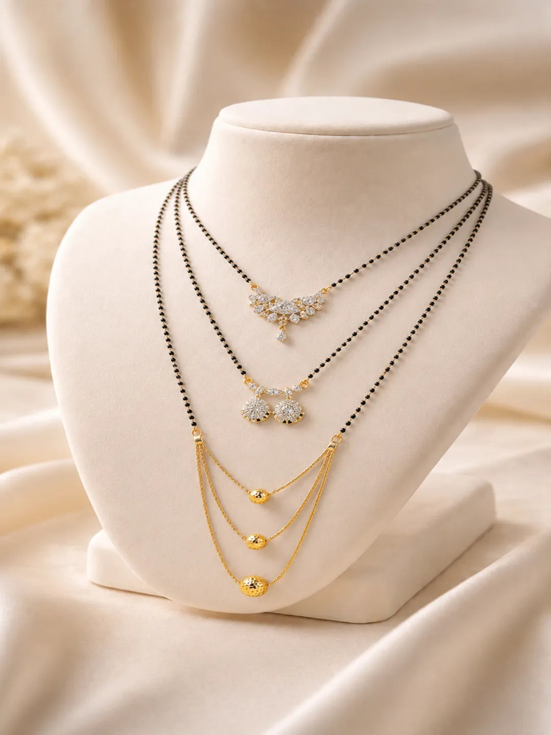 Set Of 3 Black Beaded Chain Mangalsutra For Women