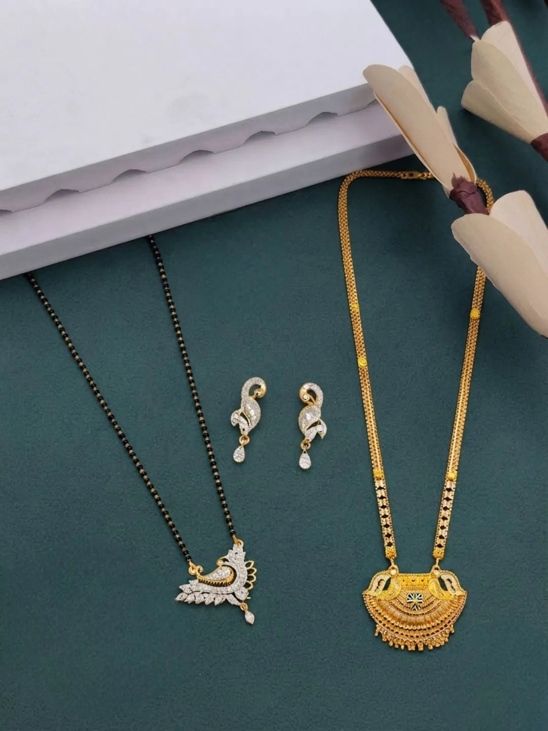 Set Of 2 Gold Plated & Black Beaded Chain Mangalsutra
