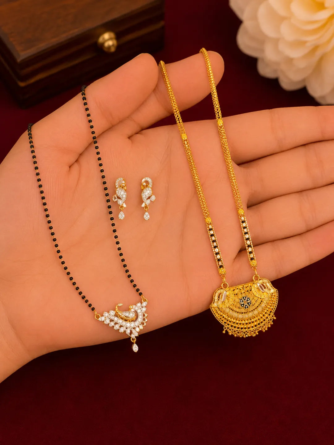 Set Of 2 Gold Plated & Black Beaded Chain Mangalsutra