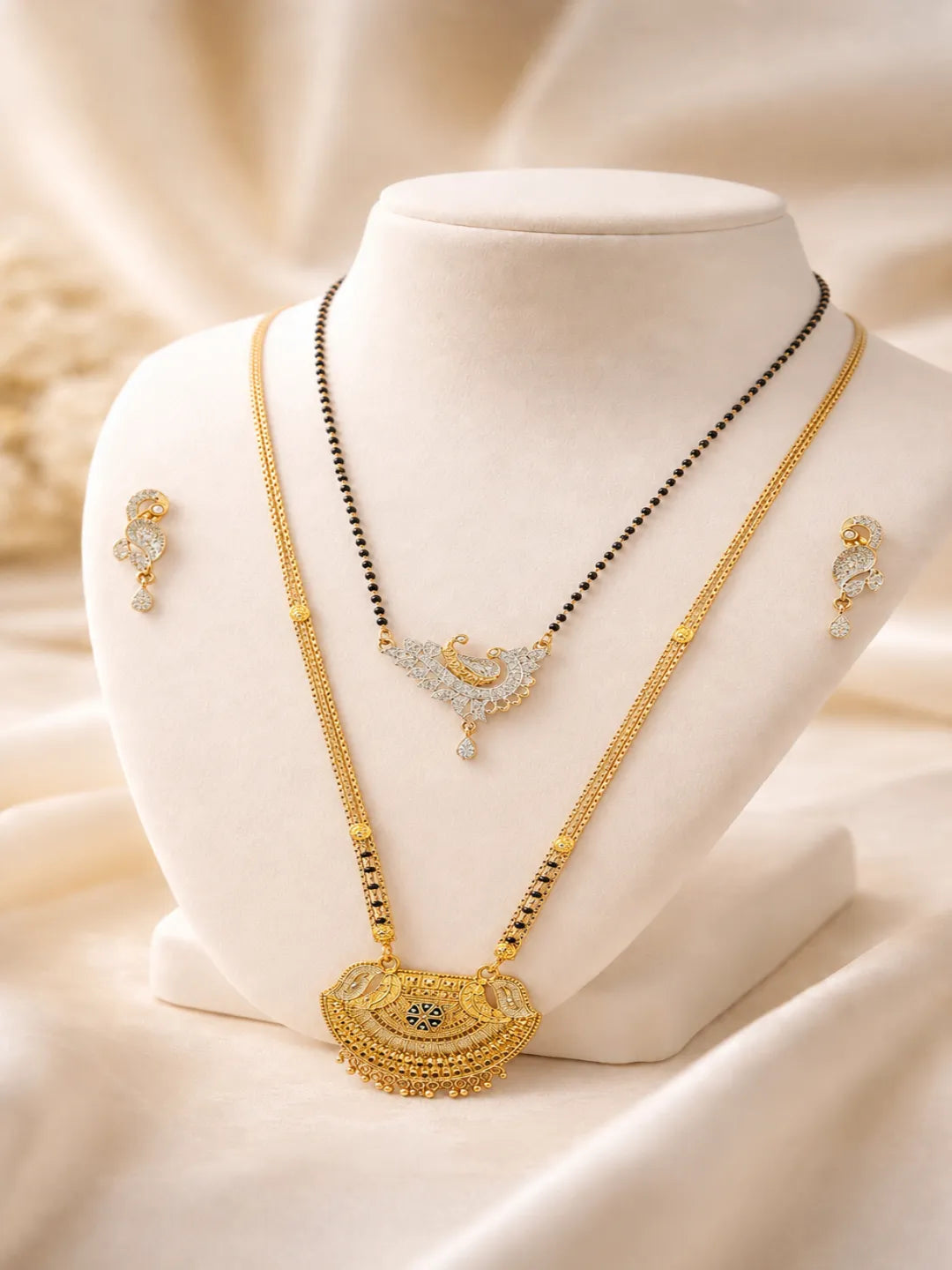 Set Of 2 Gold Plated & Black Beaded Chain Mangalsutra