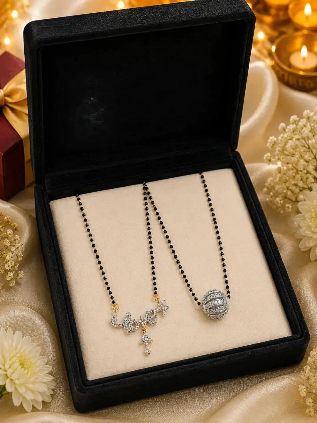 Set Of 2 Black Beaded Chain With Diamond Crystal studs Mangalsutra