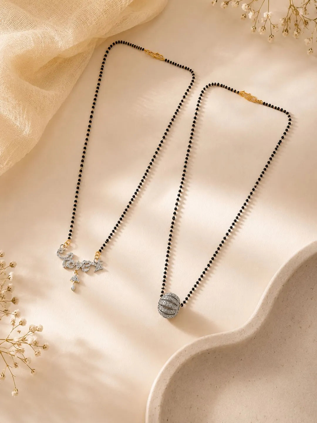 Set Of 2 Black Beaded Chain With Diamond Crystal studs Mangalsutra