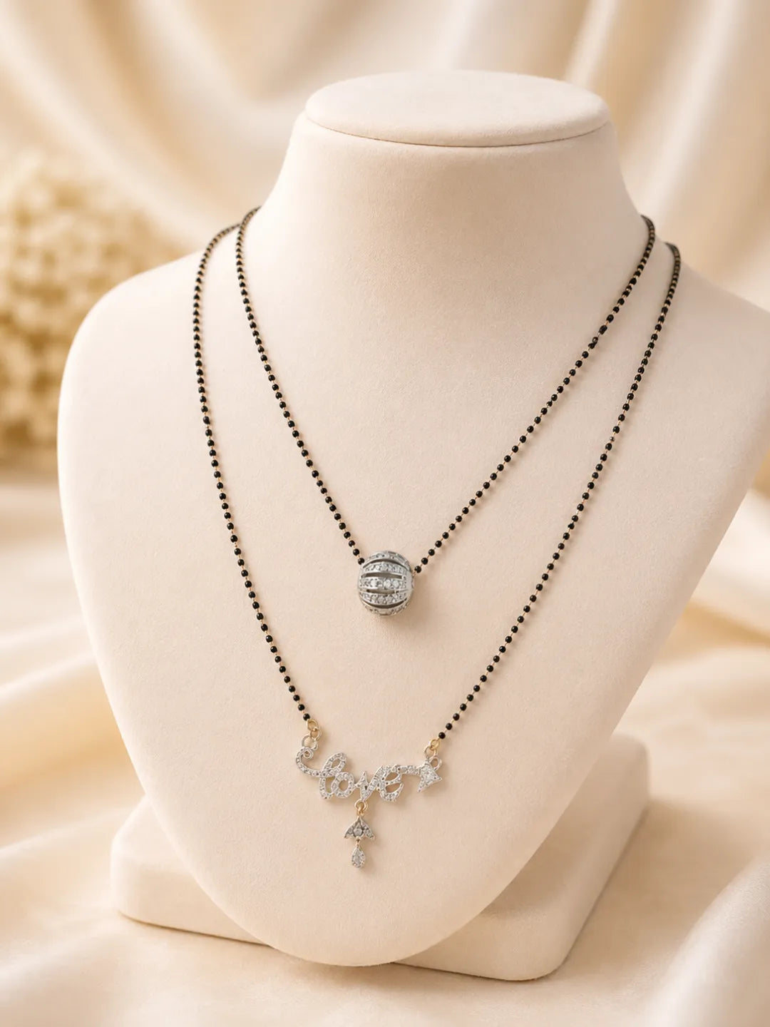 Set Of 2 Black Beaded Chain With Diamond Crystal studs Mangalsutra