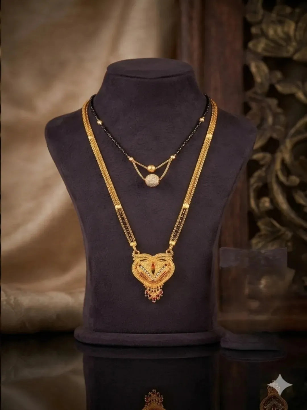 Set Of 2 Gold-Plated CZ Stone-Studded & Ball beaded Mangalsutra