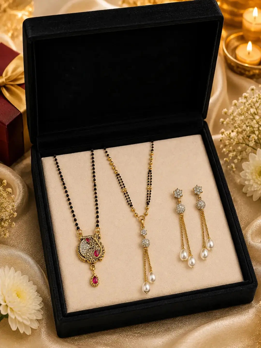 Set Of 2 Black Beaded Chain Mangalsutra With Earrings
