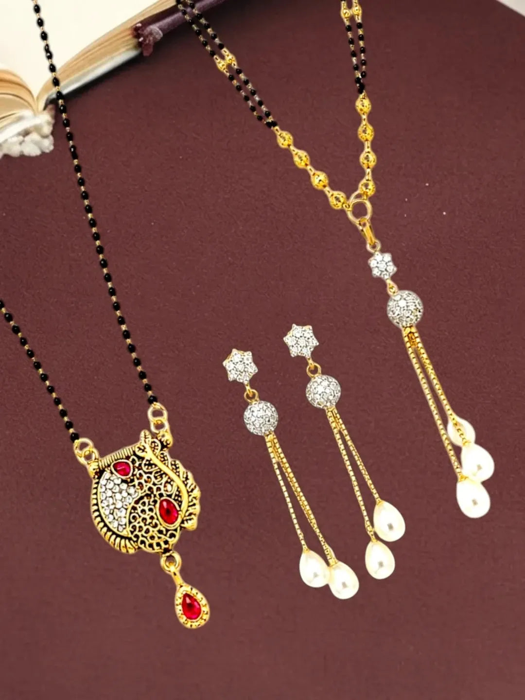 Set Of 2 Black Beaded Chain Mangalsutra With Earrings